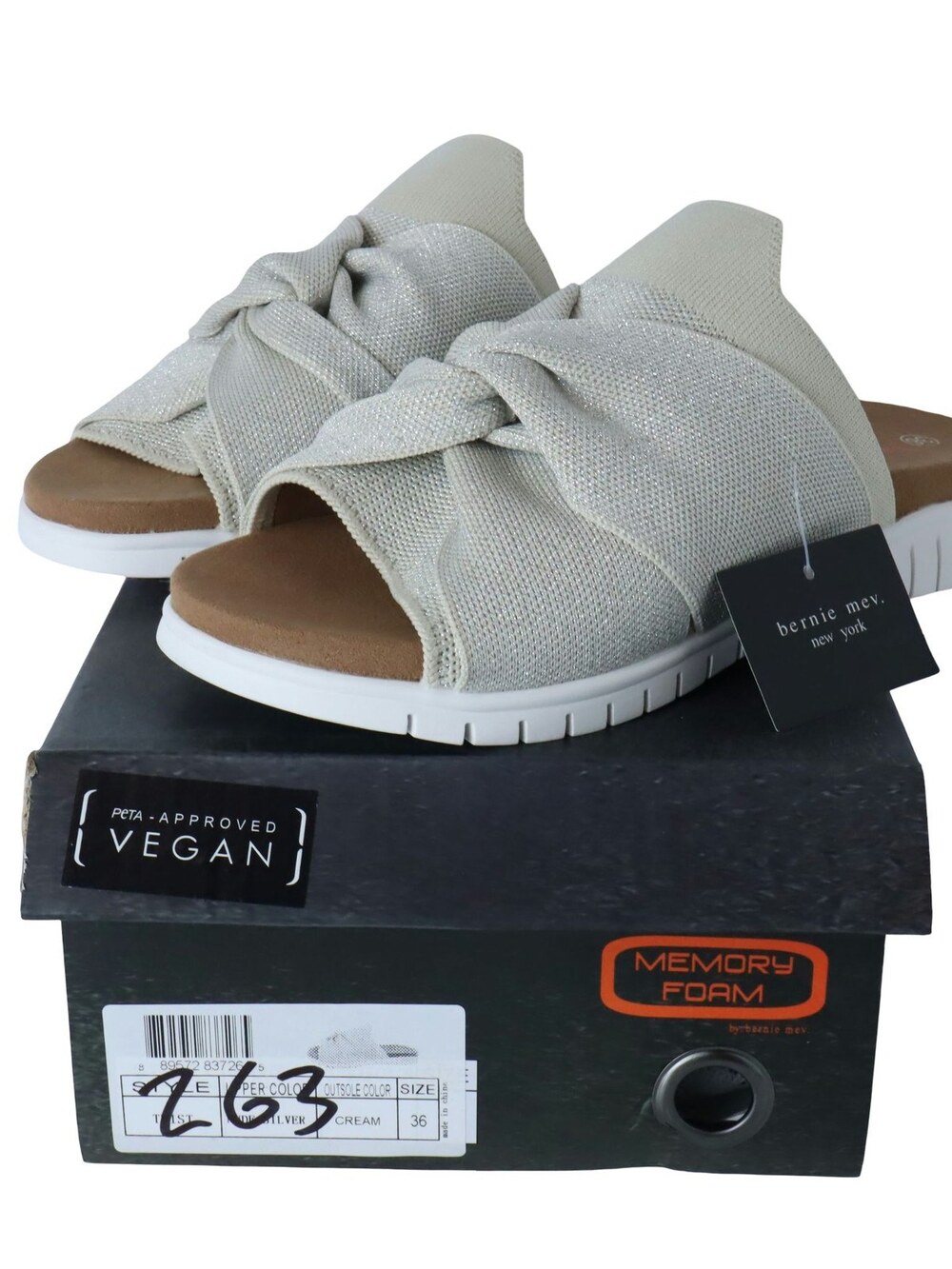 Bernie Mev Twist Slide Sandals Knit Memory Foam Beige Women's 36 US 6